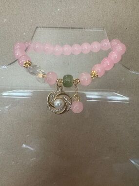 Pink Beaded Pearl Charm Bracelet - Delicate Gold Accent